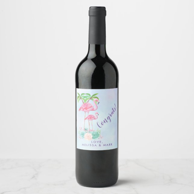 Pink Flamingo Momma & Baby with Palm Trees Wine Label (Front)