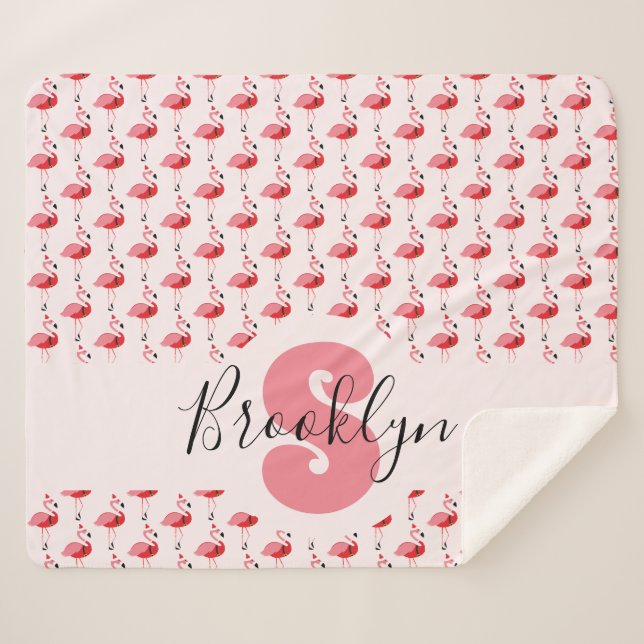 Pink Flamingo Monogram Animal Santa Christmas Sherpa Blanket (Front (Horizontal))