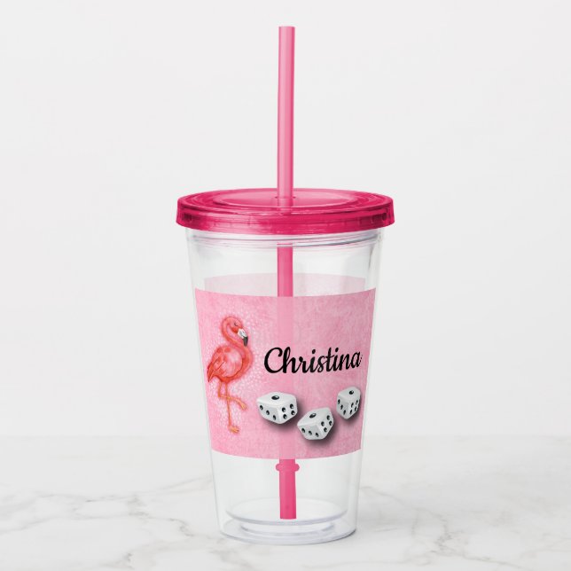 Pink Flamingo Monogram Bunco Player Dice Acrylic Tumbler (Front)