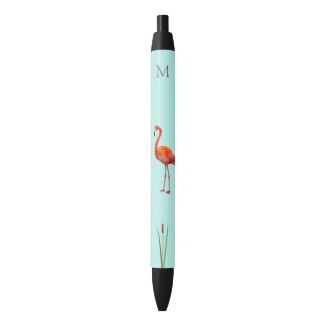 Pink Flamingo & Monogram on Light Blue Black Ink Pen (Front Vertical)