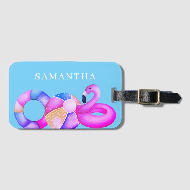 Pink Flamingo Name Luggage Tag (Front Horizontal)