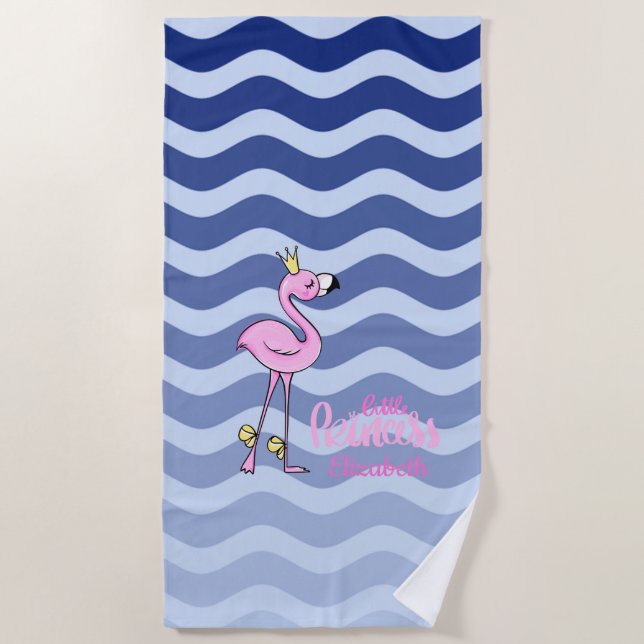 Pink Flamingo Navy Blue Stripe Waves Beach Towel (Front)