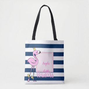 Pink Flamingo,Navy Blue Stripes,Little Princeess Tote Bag
