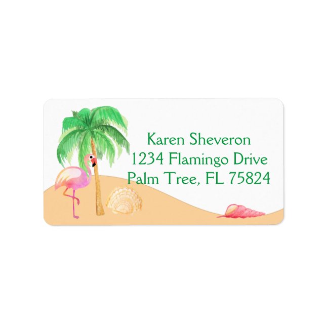 Pink Flamingo on a Beach Address Labels (Front)