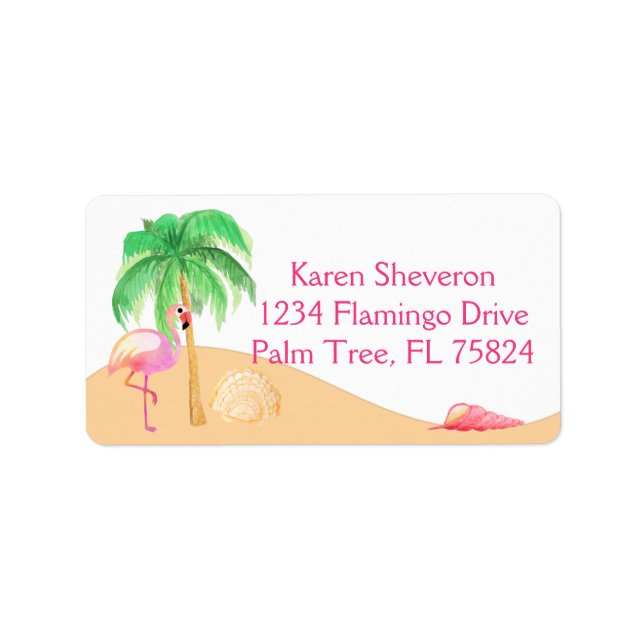 Pink Flamingo on a Beach Address Labels (Front)