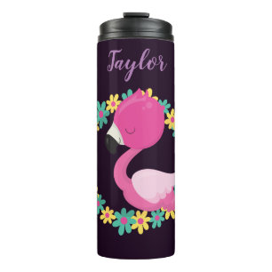 Pink Flamingo on a deep purple background Thermal Tumbler