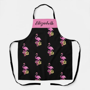 Pink Flamingo On Black All-Over Print Apron