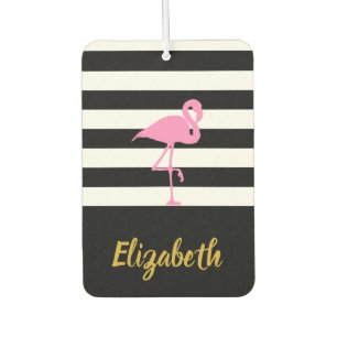 Pink Flamingo on Black and White Car Air Freshener
