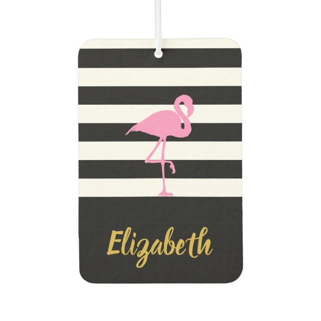 Pink Flamingo on Black and White Car Air Freshener (Front)