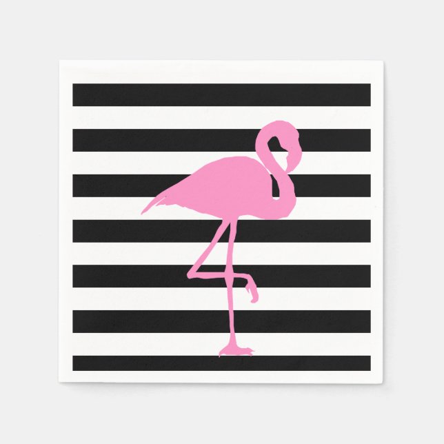 Pink Flamingo on Black and White Striped Napkin (Front)