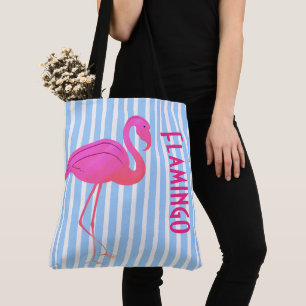 Pink Flamingo on Blue Stripes Tote Bag