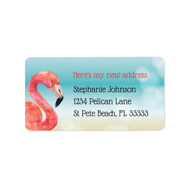 Pink Flamingo on Bokeh Beach New Address Label (Front)