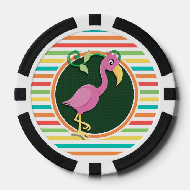 Pink Flamingo on Bright Rainbow Stripes Poker Chips (Front)