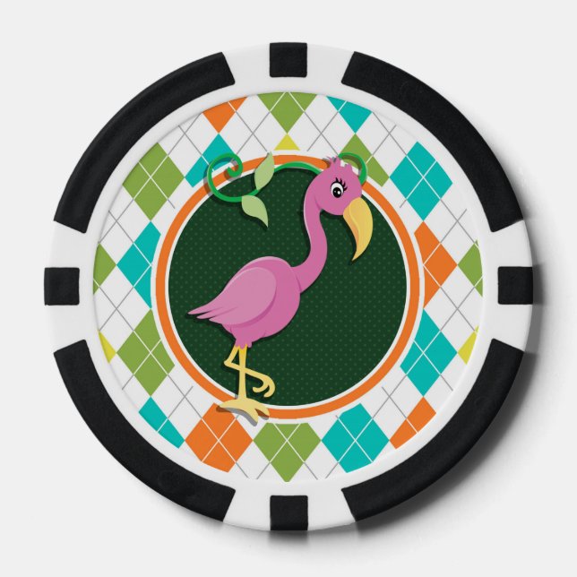 Pink Flamingo on Colourful Argyle Pattern Poker Chips (Front)