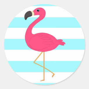 Pink Flamingo on Light Teal Stripes Classic Round Sticker