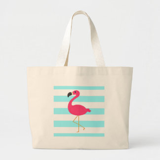 Pink Flamingo on Light Teal Stripes Large Tote Bag