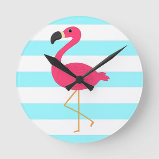 Pink Flamingo on Light Teal Stripes Round Clock
