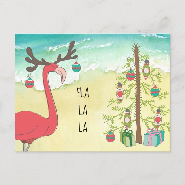 Pink Flamingo on Sandy Beach Holiday Greeting Card (Front)