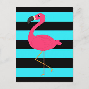 Pink Flamingo on Teal and Black Postcard