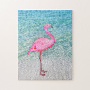 Pink Flamingo on Tropical Beach Jigsaw Puzzle