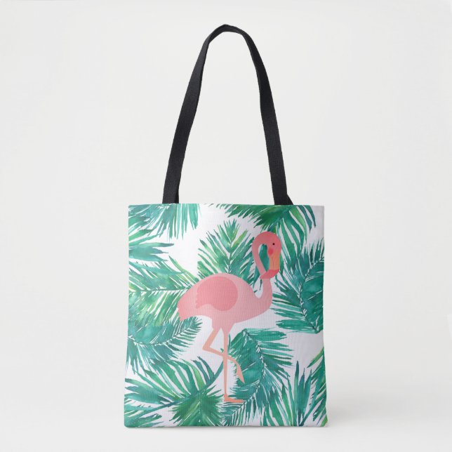 pink flamingo on tropical green leaves tote bag (Front)