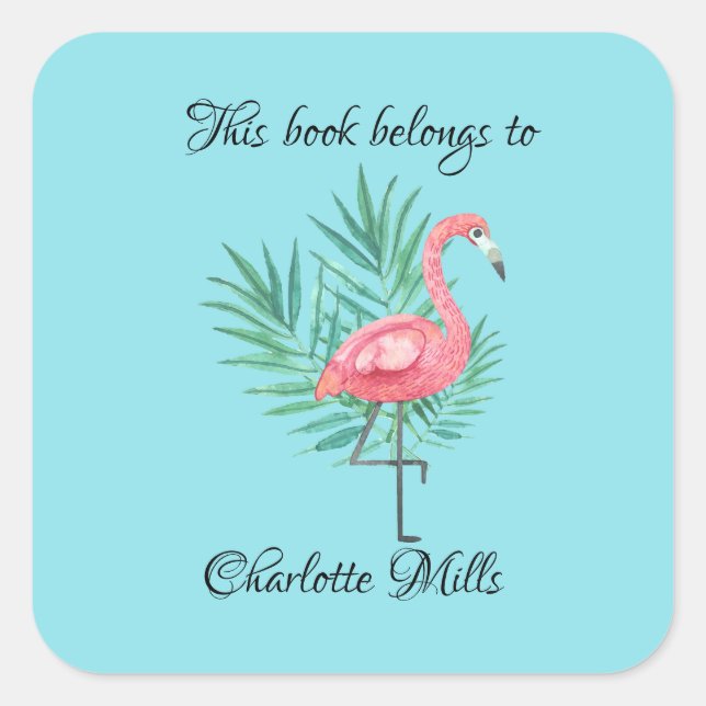 Pink Flamingo on Turquoise Bookplate Square Sticker (Front)