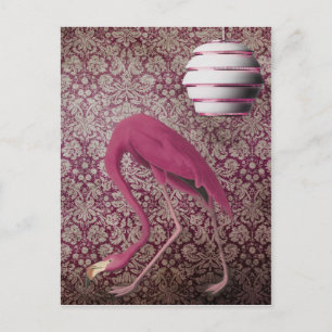 Pink Flamingo on Vintage Wallpaper Postcard