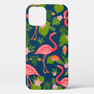Pink flamingo ornament on a striped turquoise back iPhone 12 case