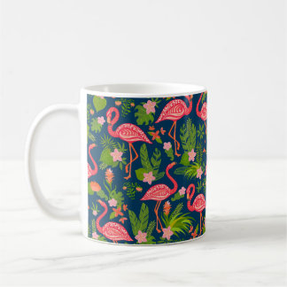 Pink flamingo ornament on a striped turquoise back coffee mug