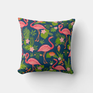 Pink flamingo ornament on a striped turquoise back cushion