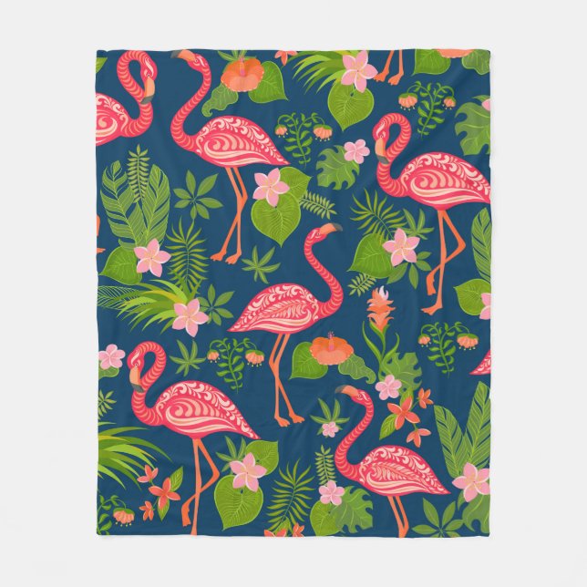 Pink flamingo ornament on a striped turquoise back fleece blanket (Front)