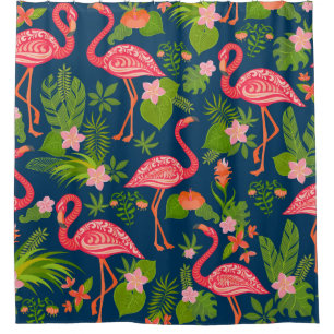 Pink flamingo ornament on a striped turquoise back shower curtain