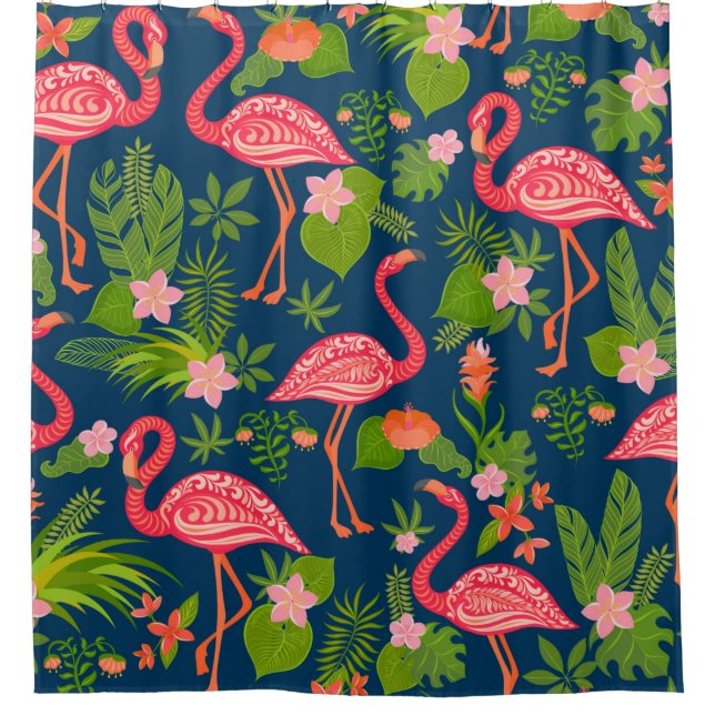 Pink flamingo ornament on a striped turquoise back shower curtain (Front)
