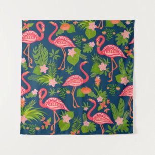 Pink flamingo ornament on a striped turquoise back tapestry