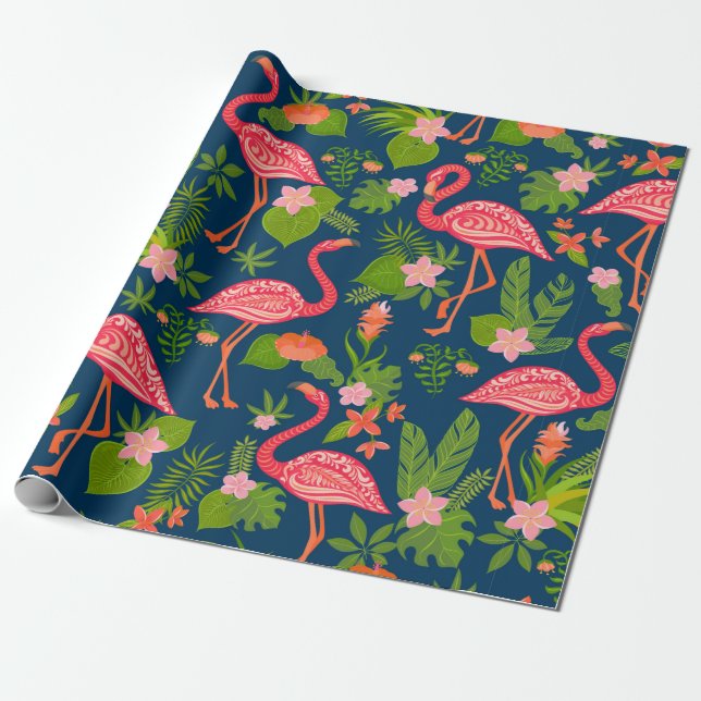 Pink flamingo ornament on a striped turquoise back wrapping paper (Unrolled)