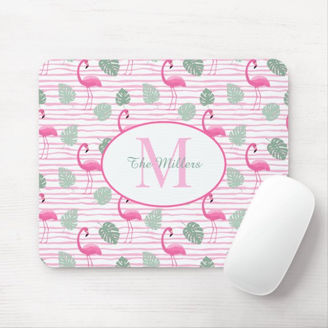 Pink Flamingo Oval Initial Monogram, Personalised Mouse Mat (With Mouse)