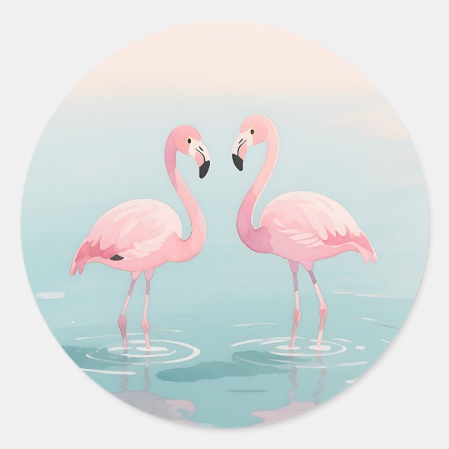 Pink Flamingo Pair Watercolor Serenity Classic Round Sticker (Front)
