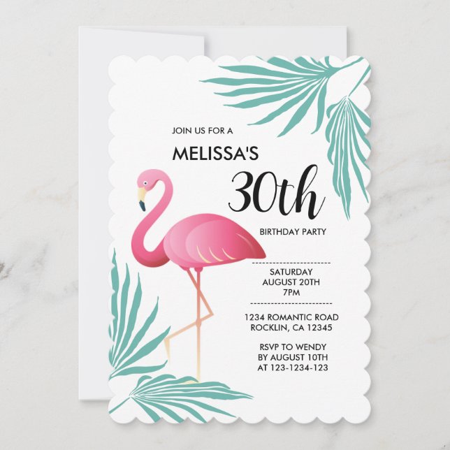 Pink Flamingo Palm Leaves 30th Birthday Invitation (Front)