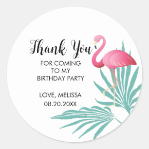 Pink Flamingo Palm Leaves Birthday Thank You Classic Round Sticker