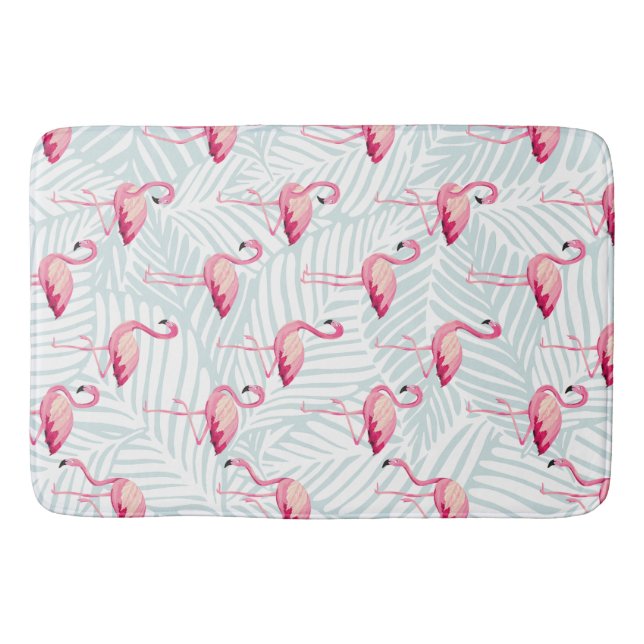 Pink Flamingo & Palm Leaves – Cute Bath Mat (Front)