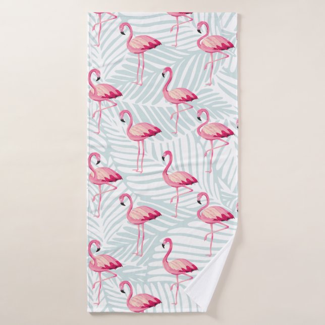 Pink Flamingo & Palm Leaves – Cute Bath Towel (Bath Towel)