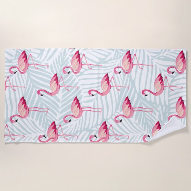 Pink Flamingo & Palm Leaves – Cute Beach Towel (Front)