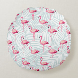 Pink Flamingo & Palm Leaves – Cute Round Cushion