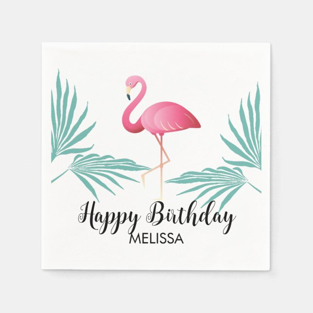 Pink Flamingo Palm Leaves Greenery Birthday Napkin (Front)