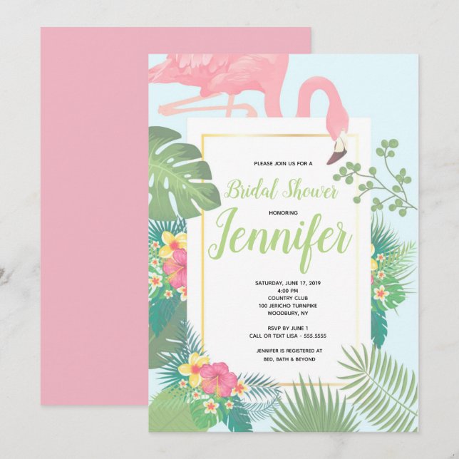 Pink Flamingo Palm Tree Bridal Shower Invitation (Front/Back)