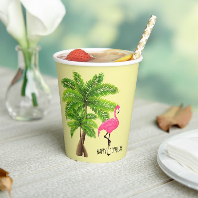 Pink Flamingo & Palm Trees 8oz Paper Cup, Lid Cups (Insitu)