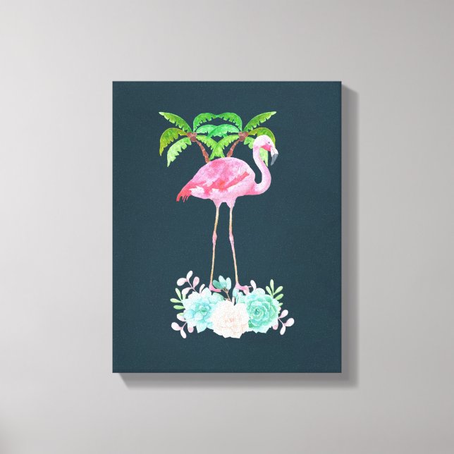 Pink Flamingo Palm trees and Floral Succulents Canvas Print (Front)