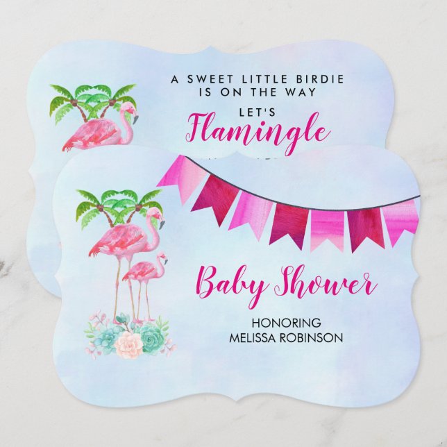 Pink Flamingo Palm trees and Floral Succulents Invitation (Front/Back)
