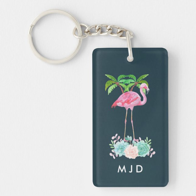 Pink Flamingo Palm trees and Floral Succulents Key Ring (Front)