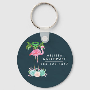 Pink Flamingo Palm trees and Floral Succulents Key Ring